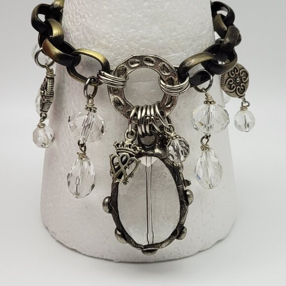 Vintage Charm Bracelet Brass And Silver Tone Key Faceted Glass 8" Adjustable - Picture 10 of 10